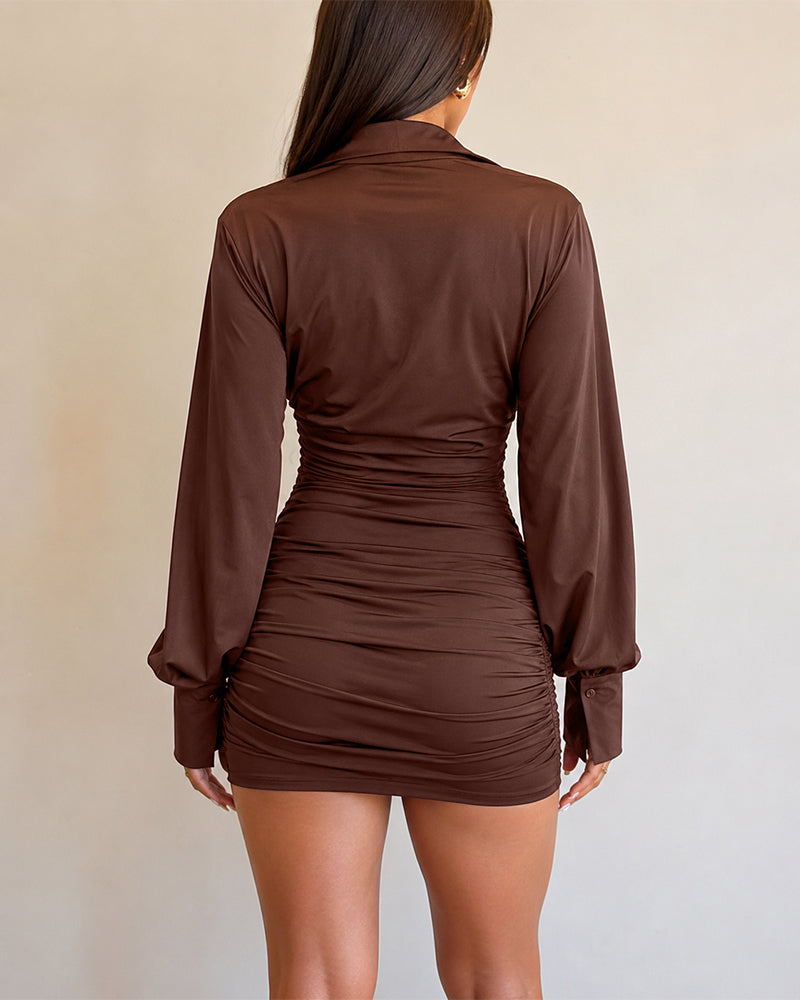 Women's Ruched Shirt Dress Turn-down Collar Lantern Sleeve Mini Dress Half Button Bodycon Dress