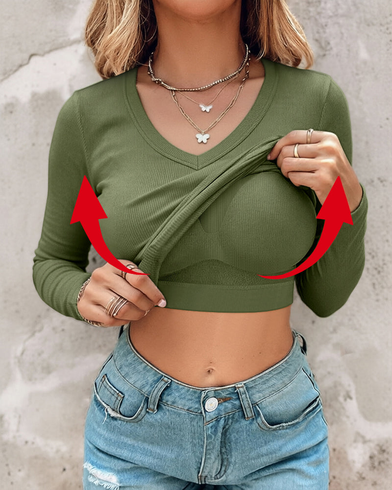 Women's V Neck Long Sleeve Ribbed Knit Top Slim Fit Base Layer Shirt Soft Stretchy Casual Tee with Built-in Bra