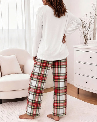 Women's Pajama Set Christmas Reindeer Print Crew Neck Long Sleeve Top and Plaid Wide Leg Pants