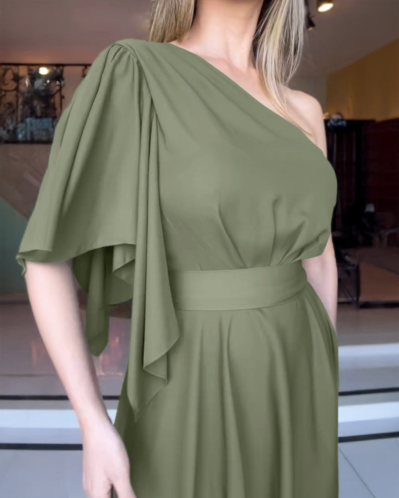 One Shoulder Asymmetrical Sleeve Bow Tie Party Dress Casual Zipper Side Cinched Waist Asymmetrical Hem Maxi Dress With Belt