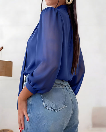 Women's Tie Neck Chiffon Blouse Elegant Lace V Neck Shirt Long Lantern Sleeve Top Ruched Elastic Hem Lined Blouse