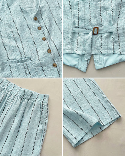2 Pieces Outfit V-Neck Sleeveless Button Front Adjustable Buckle Back Vest and Elastic Back Waist Wide Leg Pants Set Casual Striped Commuting Set