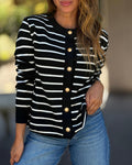 Women's Striped Knit Cardigan Casual Crewneck Button Down Sweater Vintage French Style Long Sleeve Top