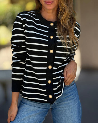 Women's Striped Knit Cardigan Casual Crewneck Button Down Sweater Vintage French Style Long Sleeve Top