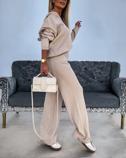 Women's Two-Piece Knit Set Long Sleeve Hoodie Top and Wide-Leg Pants Set Casual Cozy Lounge Outfit