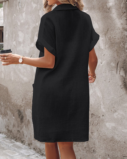 Women's Cotton Shirt Dress Casual Textured Short Sleeve Button Down Loose Mini Dress with Pockets