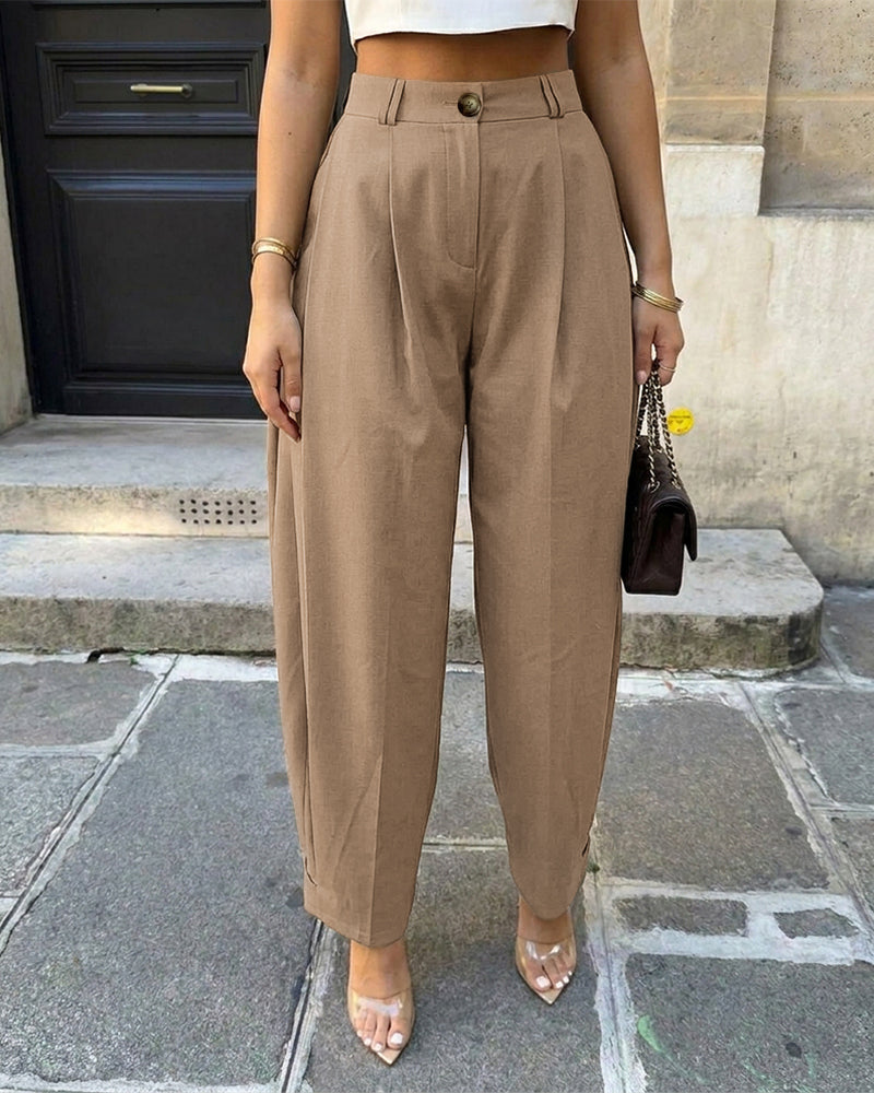 Pantalón harén para mujer de cintura alta con pliegues, bolsillos y puños abotonados