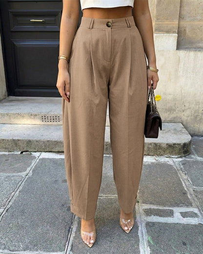 Pantalón harén para mujer de cintura alta con pliegues, bolsillos y puños abotonados