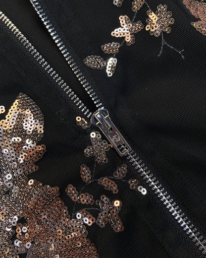 Floral Pattern Baseball Collar Long Sleeve Coat Contrast Sequin Zip Up Jacket