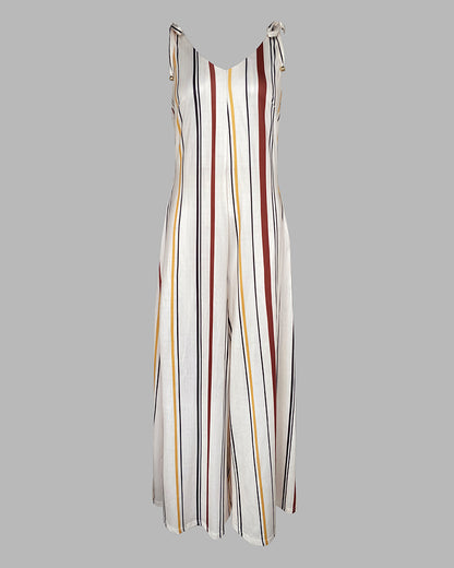 Striped V Neck Sleeveless Zipper Back Overalls Casual Shoulder Tied Wide Leg Jumpsuit With Pockets