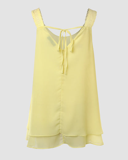 U-Neck Thick Strap Tank Contrast Lace Tied Detail Top