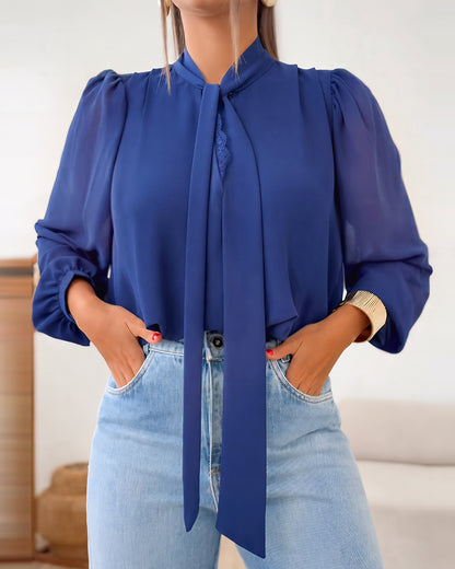Women's Tie Neck Chiffon Blouse Elegant Lace V Neck Shirt Long Lantern Sleeve Top Ruched Elastic Hem Lined Blouse