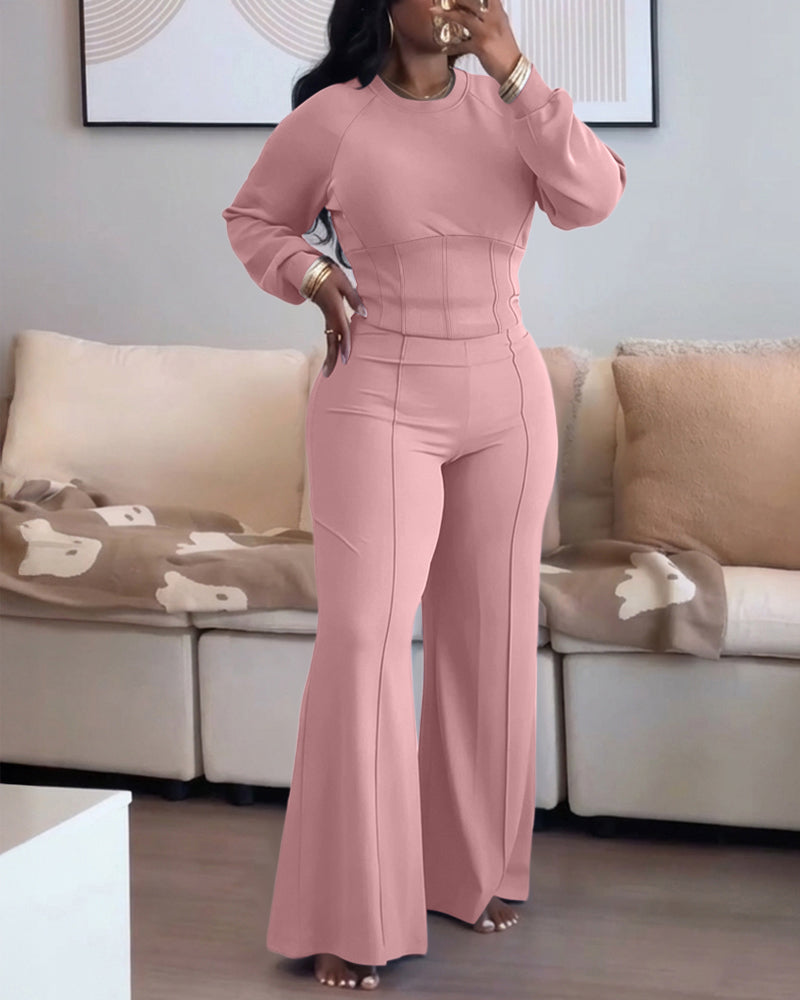 2 Pieces Outfit O-neck Long Sleeve Cinched Waist Sweatshirt and Elastic Waist Wide Leg Pants Set Casual Seam Design Sweatpants Set