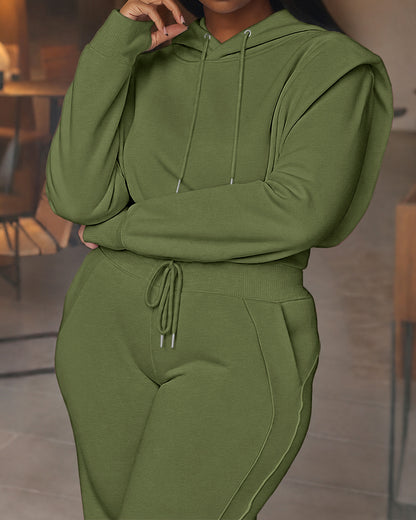 2-teiliges Outfit, langärmliges, kurzes Kapuzenpullover-Sweatshirt mit Kordelzug, Bündchen mit Daumenlöchern und lässigem Jogginghosen-Set mit Kordelzug und elastischer Taille mit weitem Bein 