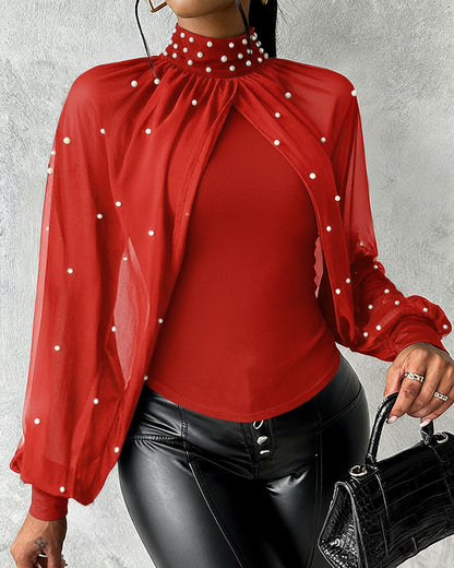 Pearls Decor High Neck Chiffon Draped Cape-style Cloak Sleeve Spliced Tee Ruched Hollow-out Back Slim Fit Top