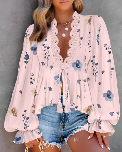 Floral Print Deep V-Neck Lantern Sleeve Casual Contrast Lace Tied Detail Blouse