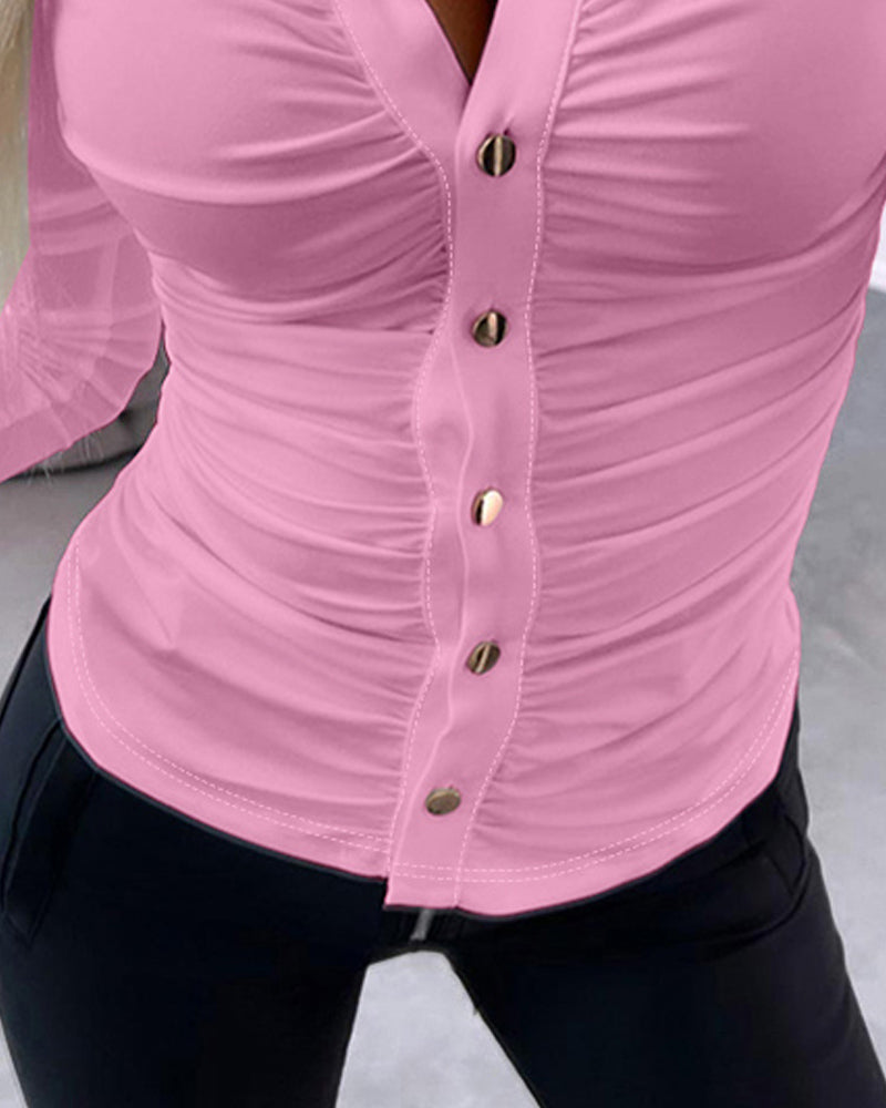 Long Sleeve Button Down Shirt Collar Neck Ruched Fitted Top