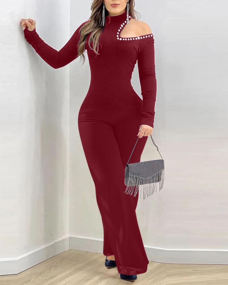 Women's Cold Shoulder Rhinestone Long Sleeve Jumpsuit Mock Neck Flare Leg Overalls