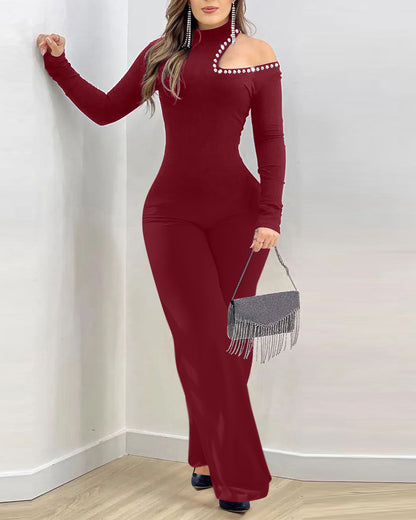 Women's Cold Shoulder Rhinestone Long Sleeve Jumpsuit Mock Neck Flare Leg Overalls