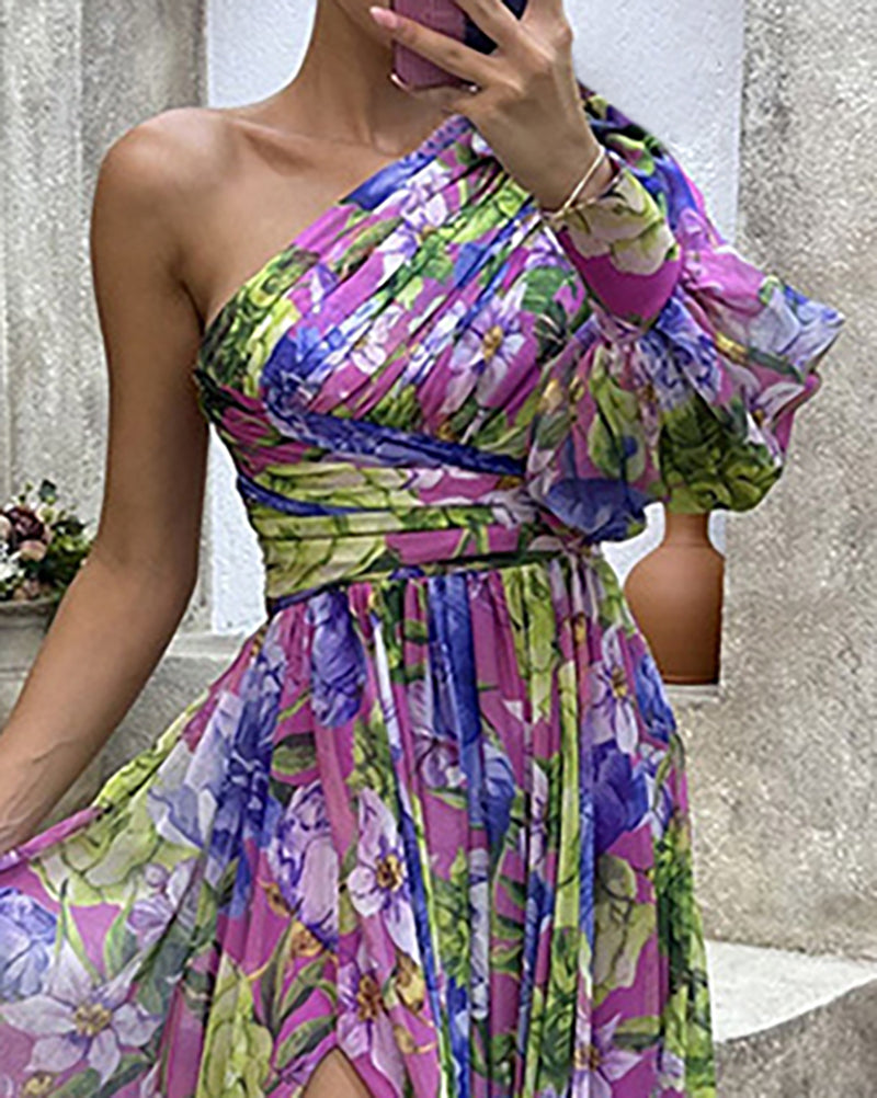 Lantern Sleeve One Shoulder High Slit Floral Maxi Dress