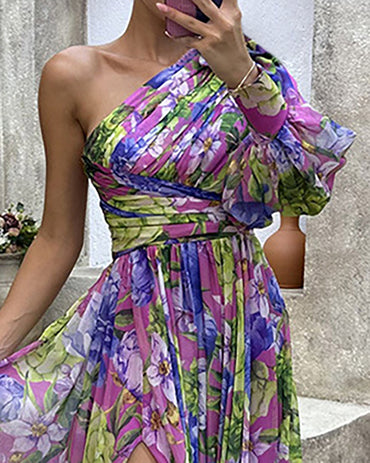 Lantern Sleeve One Shoulder High Slit Floral Maxi Dress