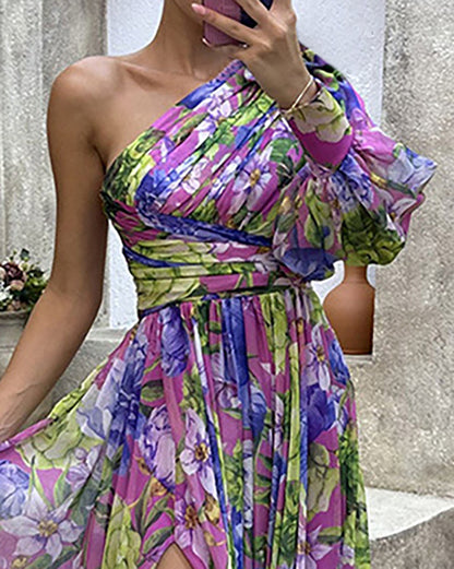 Lantern Sleeve One Shoulder High Slit Floral Maxi Dress