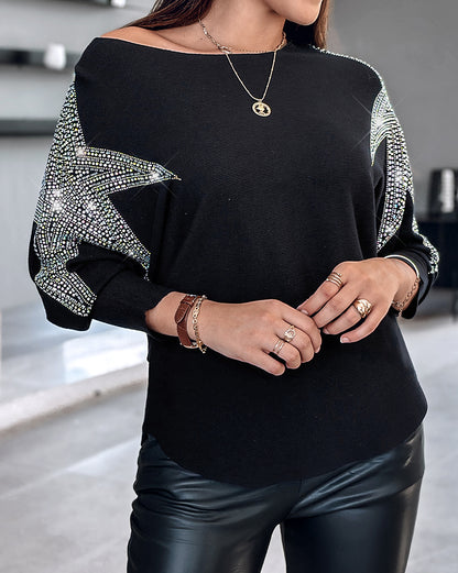 Pullover Knit Sweaters Crewneck Batwing Sleeve Rhinestone Star Pattern Top
