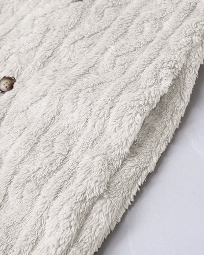 Cable Textured Lapel Neck Button Front Pocket Design Thermal Teddy Coat