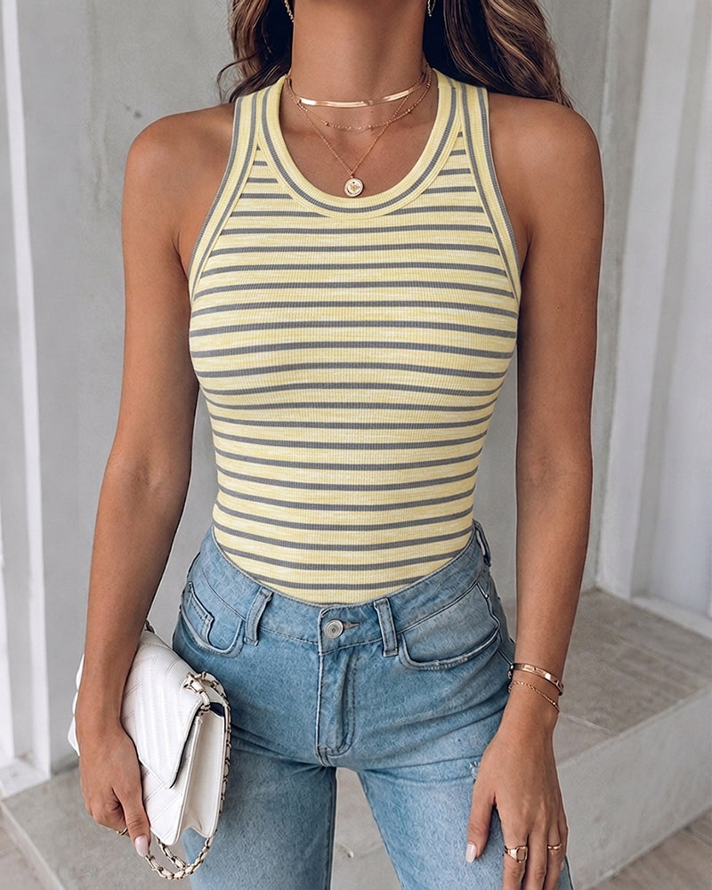 Women's Striped Racerback Tank Top Slim Fit Ribbed Sleeveless Top with Built in Bra