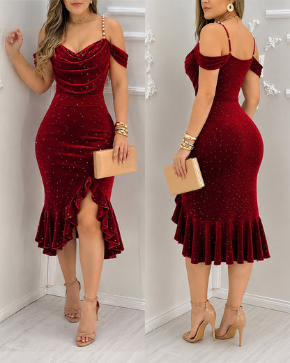 Women's Rhinestone Velvet Asymmetrical Dress Pearl Strap Cold Shoulder Ruffle Mermaid Evening Gown