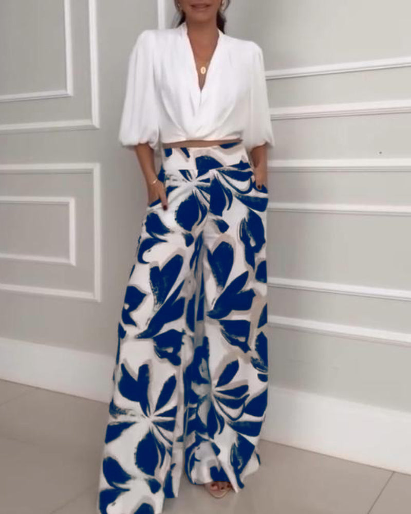 2 Pieces Outfit Wrap Plunge V Neck Crop Blouse and Casual Floral Print Wide Leg Pants Set