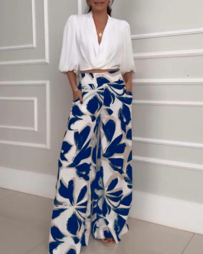 2 Pieces Outfit Wrap Plunge V Neck Crop Blouse and Casual Floral Print Wide Leg Pants Set