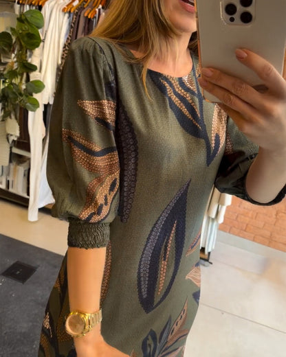 Plants Print Round Neck Half Sleeve Midi Dress
