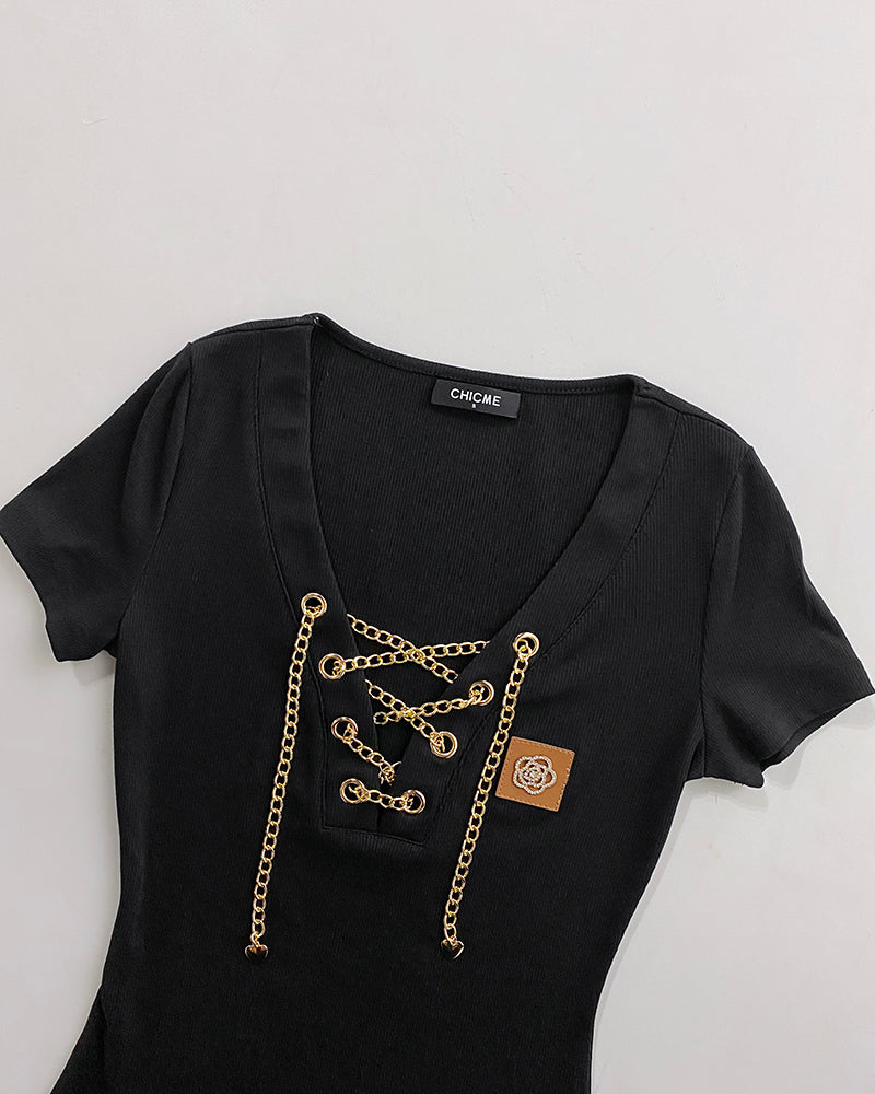 Chain Decor Lace Up V Neck Short Sleeve T-Shirt Casual Rhinestone Patch Slim Fit Top