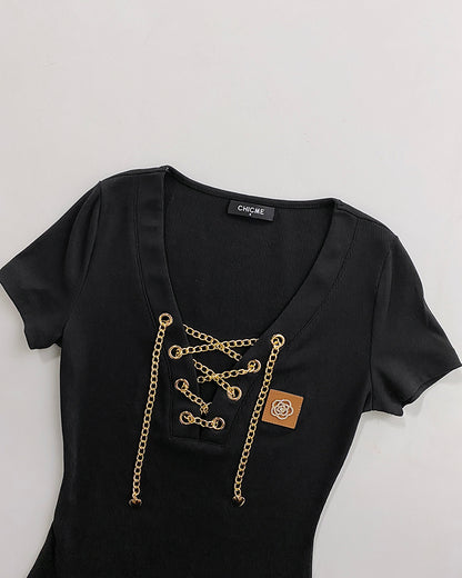 Chain Decor Lace Up V Neck Short Sleeve T-Shirt Casual Rhinestone Patch Slim Fit Top