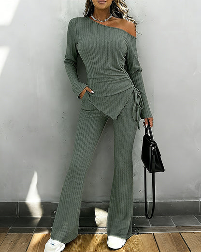 2 Pieces Outfit Skew Neck Long Sleeve Side Drawstring Asymmetrical Hem Top and Elastic Waist Flared Pants Set Casual Ribbed Set
