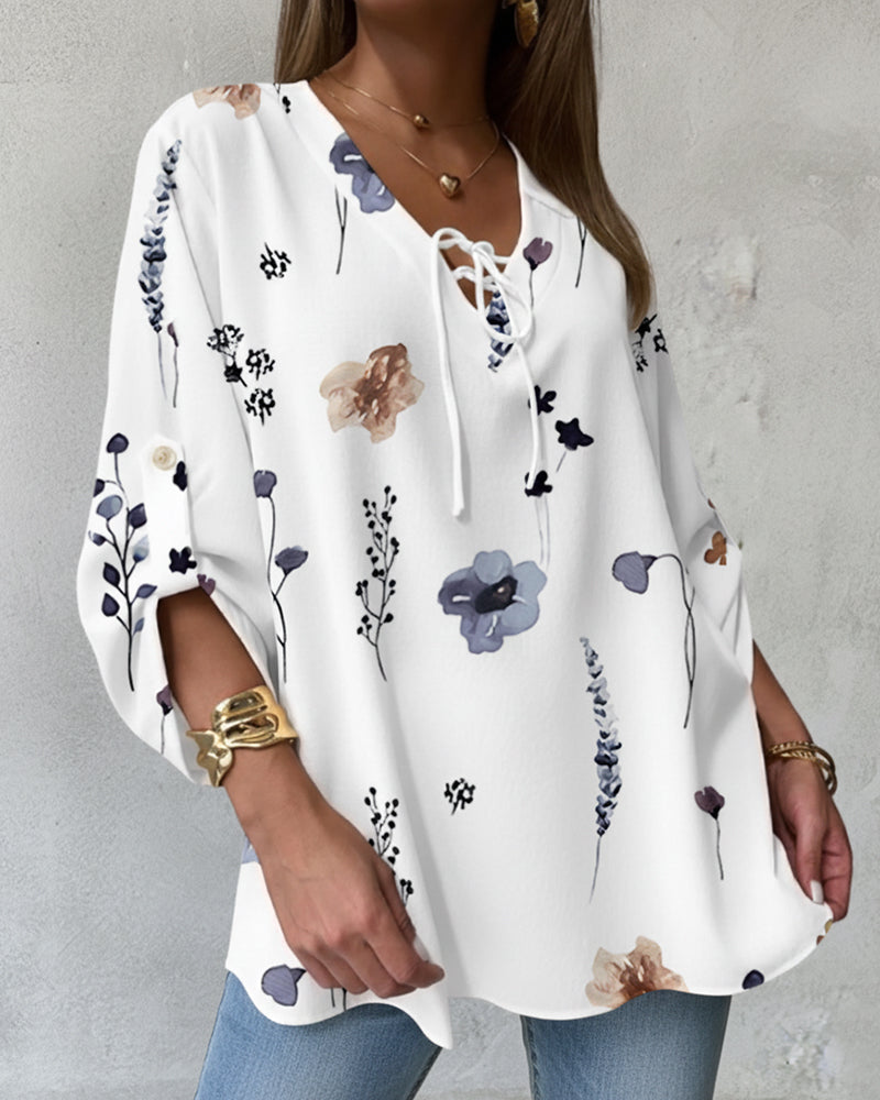 Watercolor Floral Print V-Neck Roll Up Sleeve Tie Front Blouse Casual Loose Fit Top