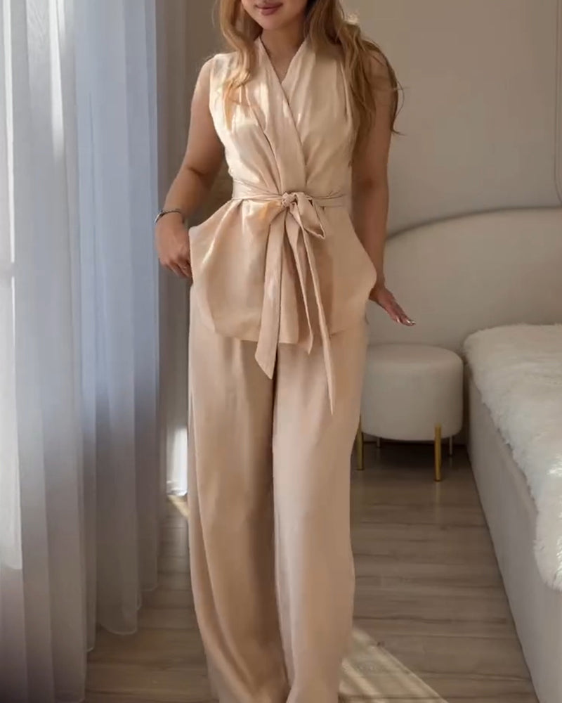 Women's 2 Piece Outfits V Neck Sleeveless Ruched Top and Wide Leg Pants Set Casual Commuting Set with Pockets