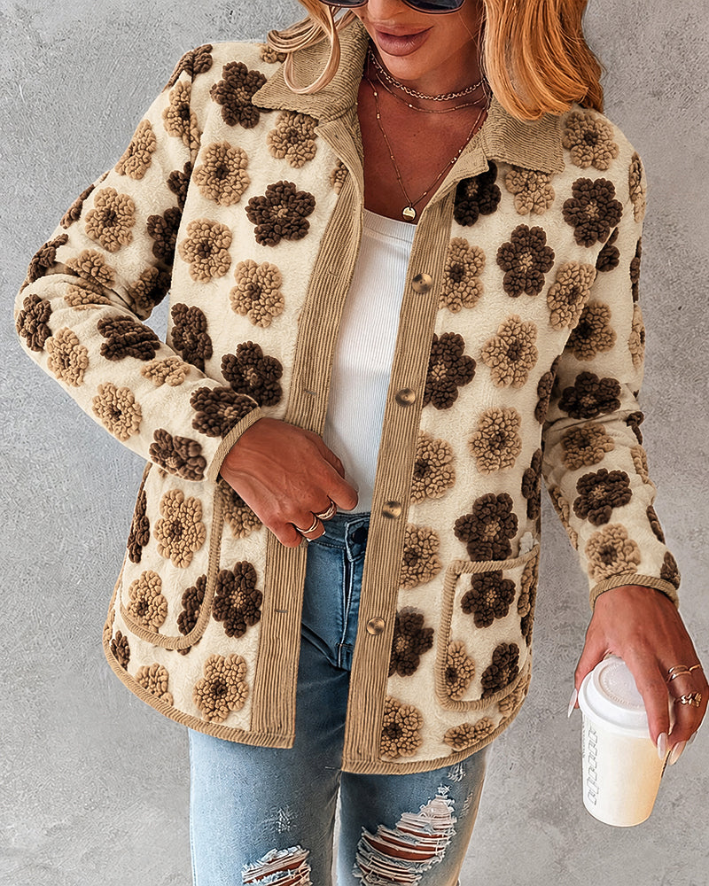 Women's 3D Faux Shearling Floral Jacket Corduroy Trim Button Down Fleece Coat