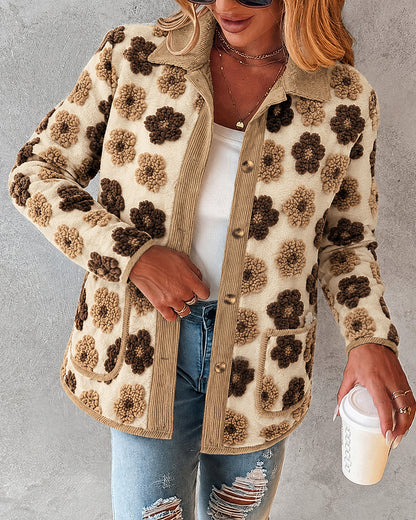 Women's 3D Faux Shearling Floral Jacket Corduroy Trim Button Down Fleece Coat