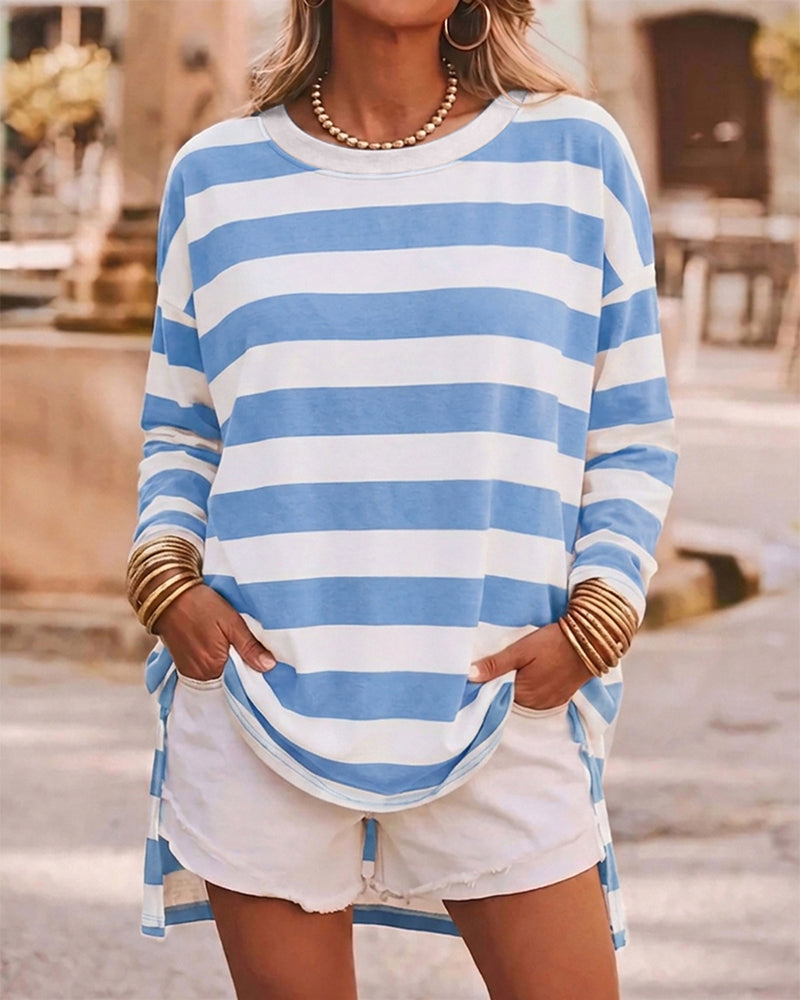 Women's Striped T Shirt Long Sleeve Drop Shoulder Crewneck Tee Side Slit Casual Loose Fit Top