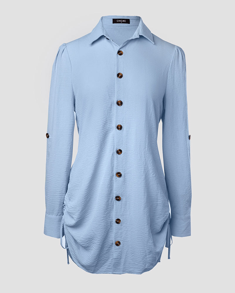 Turn-down Collar Roll Up Sleeve Button Down Shirt Dress Casual Shirred Back Side Drawstring Mini Dress