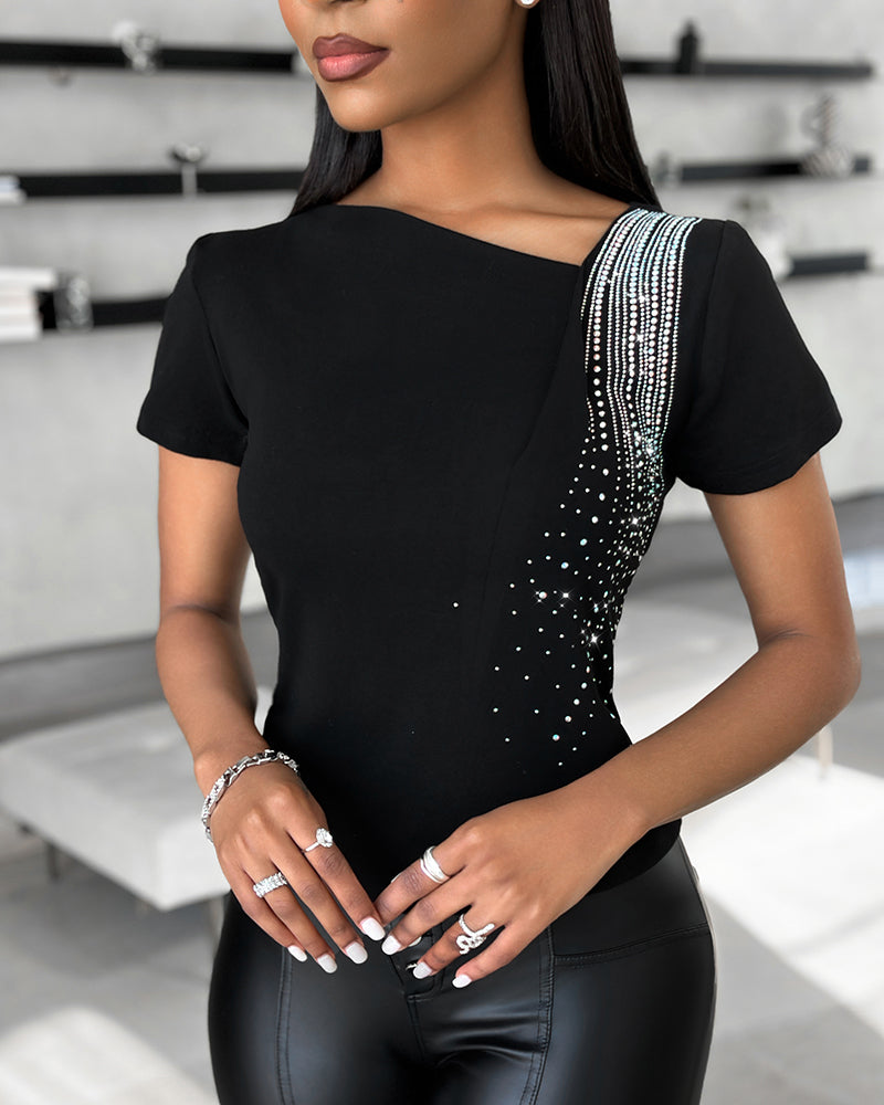 Women's Asymmetric Neckline T-Shirt Rhinestone Short Sleeve Tee Sparkly Slim Fit Casual Party Top