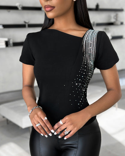 Women's Asymmetric Neckline T-Shirt Rhinestone Short Sleeve Tee Sparkly Slim Fit Casual Party Top