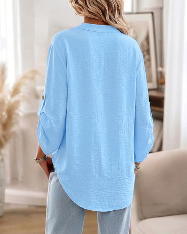 Women's Notch Neck Roll Up Long Sleeve Loose Casual Blouse Top
