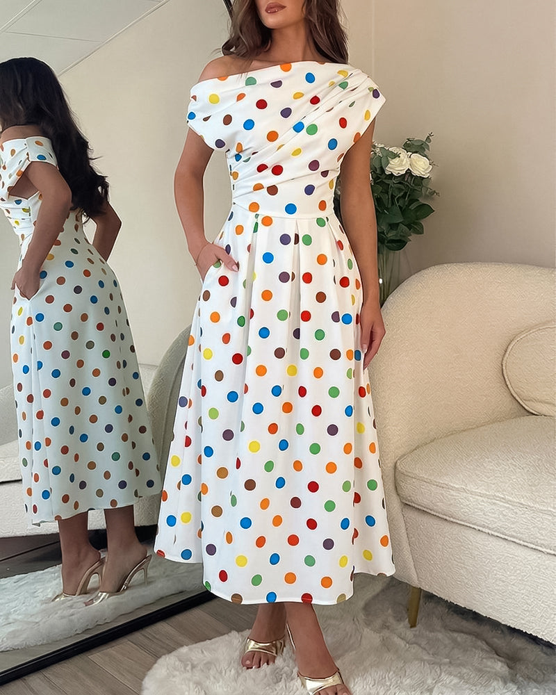 Women's Skew Neck Midi Dress Ruched Polka Dot Vacation Dress High Waisted A-Line Sundress with Pockets