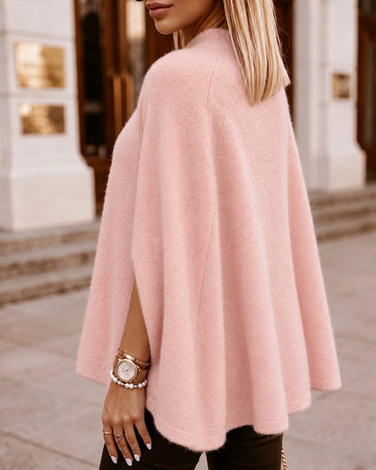 Suéter de punto holgado para mujer con cuello alto simulado, estilo «old money», capa, abertura lateral y mangas murciélago, cálido y acogedor para invierno