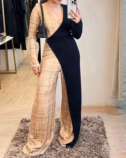Colorblock Long Sleeve V Neck Faux Two Piece Jumpsuit Casual Wide Leg Romper
