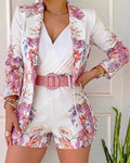 Women's Floral Blazer & Shorts Set Elegant Single-Breasted Coat and High-Waisted Shorts with Belt