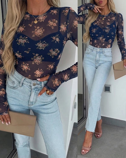 Women's Floral Print Sheer Mesh Top Long Sleeve Crewneck Slim Fit Tee with Thumb Holes